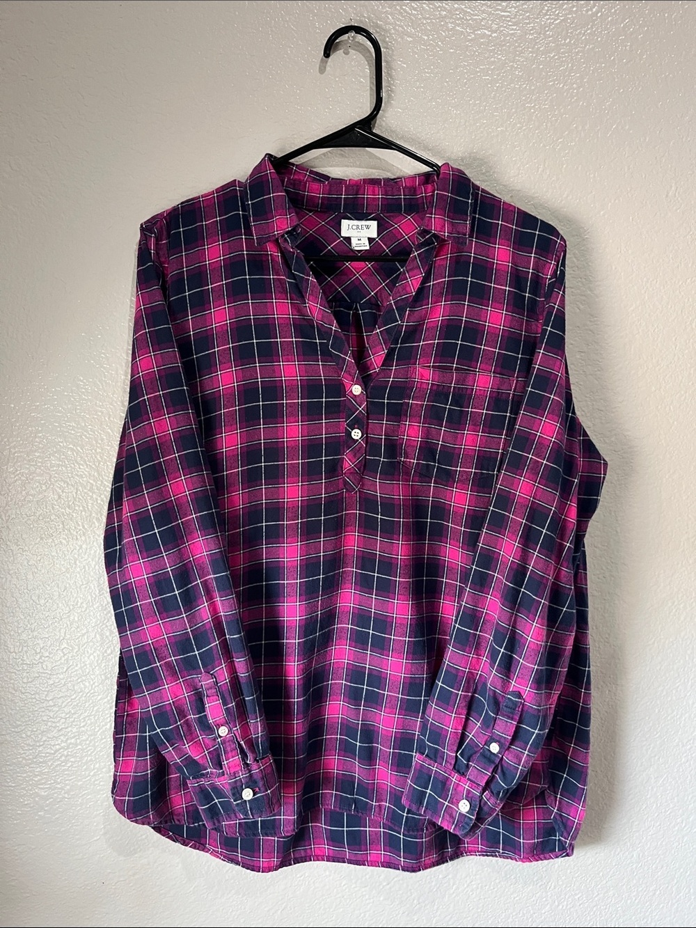 J. Crew Pink and Navy Plaid Henley Shirt